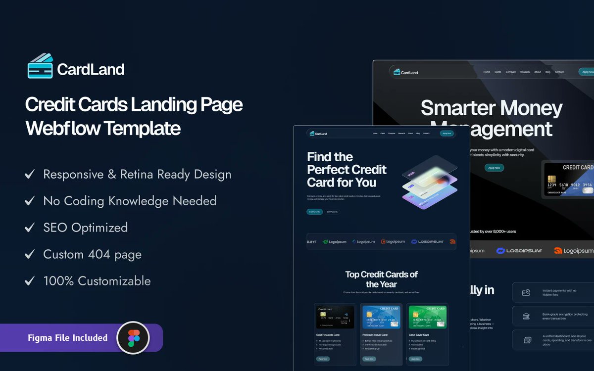 TNCFlow's tweet photo. Need a dark-mode website that showcases rewards, fees, eligibility, and applications with impressive visuals? Introducing Cardland, a dark-variant Webflow website template designed for credit card issuers, banks, fintech firms, and financial marketers.

#FintechWebsite #WebflowTemplate #CreditCardDesign #DarkModeUI #FinancialServices