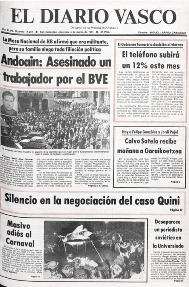 #TalDiaComoHoy de 1981 el terrorismo de extrema derecha #BVE asesinó a Fco Javier Ansa en #Andoain cuando esperaba al autobús para ir a trabajar. Era el séptimo y último crimen de los asesinos Ignacio Iturbide y Ladislao Zabala.

#CondenamosTODOSlosterrorismos

¿Y tú?

🧵