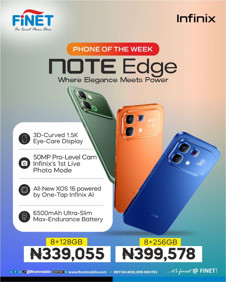 FinetMobile's tweet photo. The Infinix Note Edge is bringing bold design, smooth performance, and unbeatable value all in one smart move.

⏰ Limited-time deal, don’t think too long! This is your sign to upgrade!

🌐 https://t.co/gRK7PbyhPa
📲 0817 614 4002 | 0916 000 1762

#FINETMOBILE #EdgePower https://t.co/sxGbAEwXh4