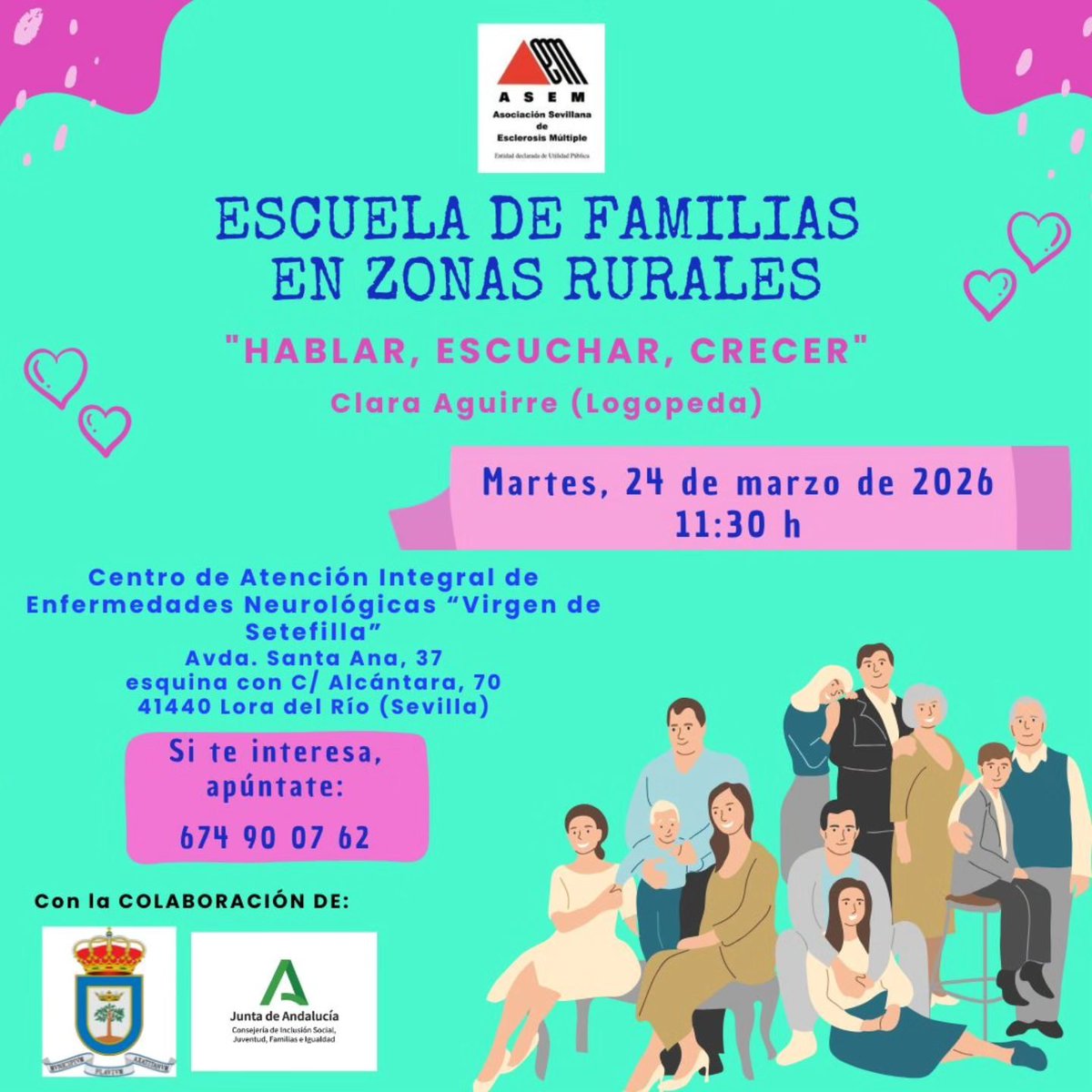 ASEM_SEVILLA's tweet photo. Programa “Escuela de Familias en zonas rurales”
“HABLAR, ESCUCHAR, CRECER”
Centro de Atención Integral de Enfermedades Neurológicas (Lora del Río)
📆 24 de marzo
#esclerosismultiple #esclerosismultipleloradelrio #CentroIntegral #EscuelaDeFamilias
#centroneurologico #Zonarural https://t.co/cLoFctCbAz