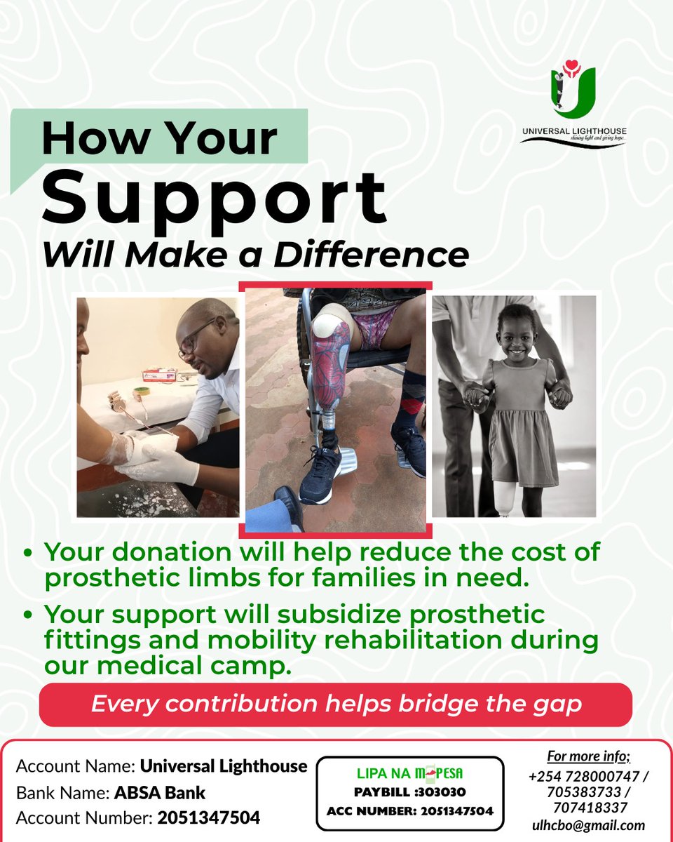 Access to mobility changes everything.
We’re hosting a Mobility &amp; Prosthetic Medical Camp to support children &amp; adults living with limb loss.
Your support helps restore movement and independence.
Account details on the flier.
#DisabilityInclusion #MedicalCamp #UniversalLighthouse