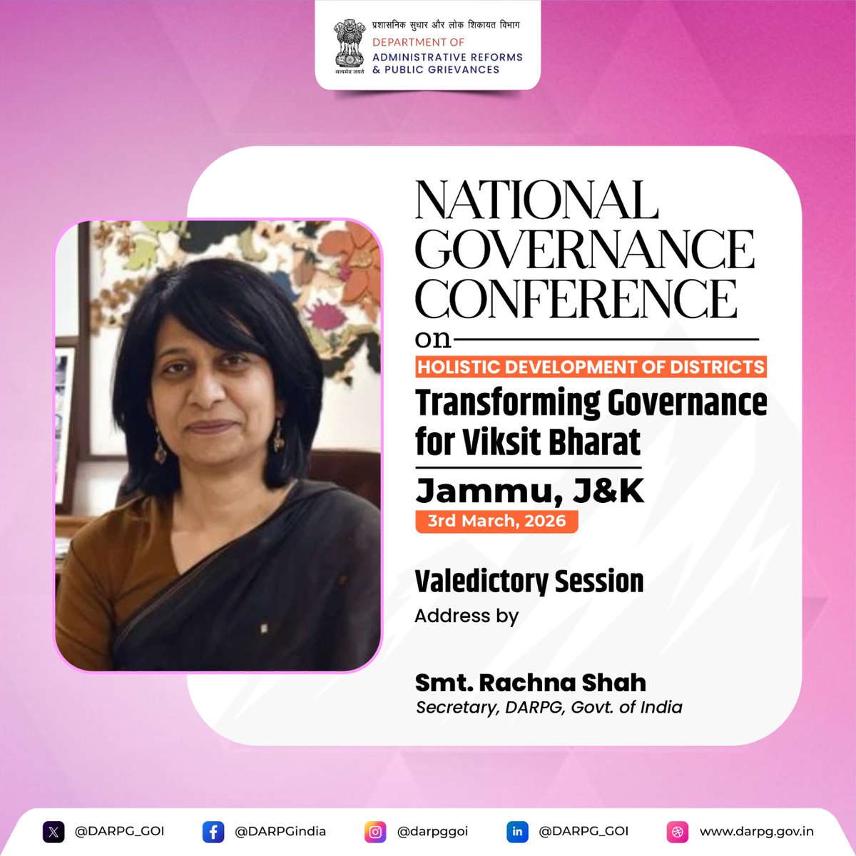 DARPG_GoI's tweet photo. Smt Rachna Shah, Secretary, #DARPG,  addressed the valedictory session at the National Governance Conference on Holistic Development of Districts- Transforming Governance for Viksit Bharat in Jammu, J&K.

She provided a conclusion of the event highlighting the best practices discussed during the National Governance Conference. She also called attention to key points of the events that aimed to introduce innovative solutions for citizens welfare.

#DARPG #GoodGovernance #HolisticDevelopment #NationalConference