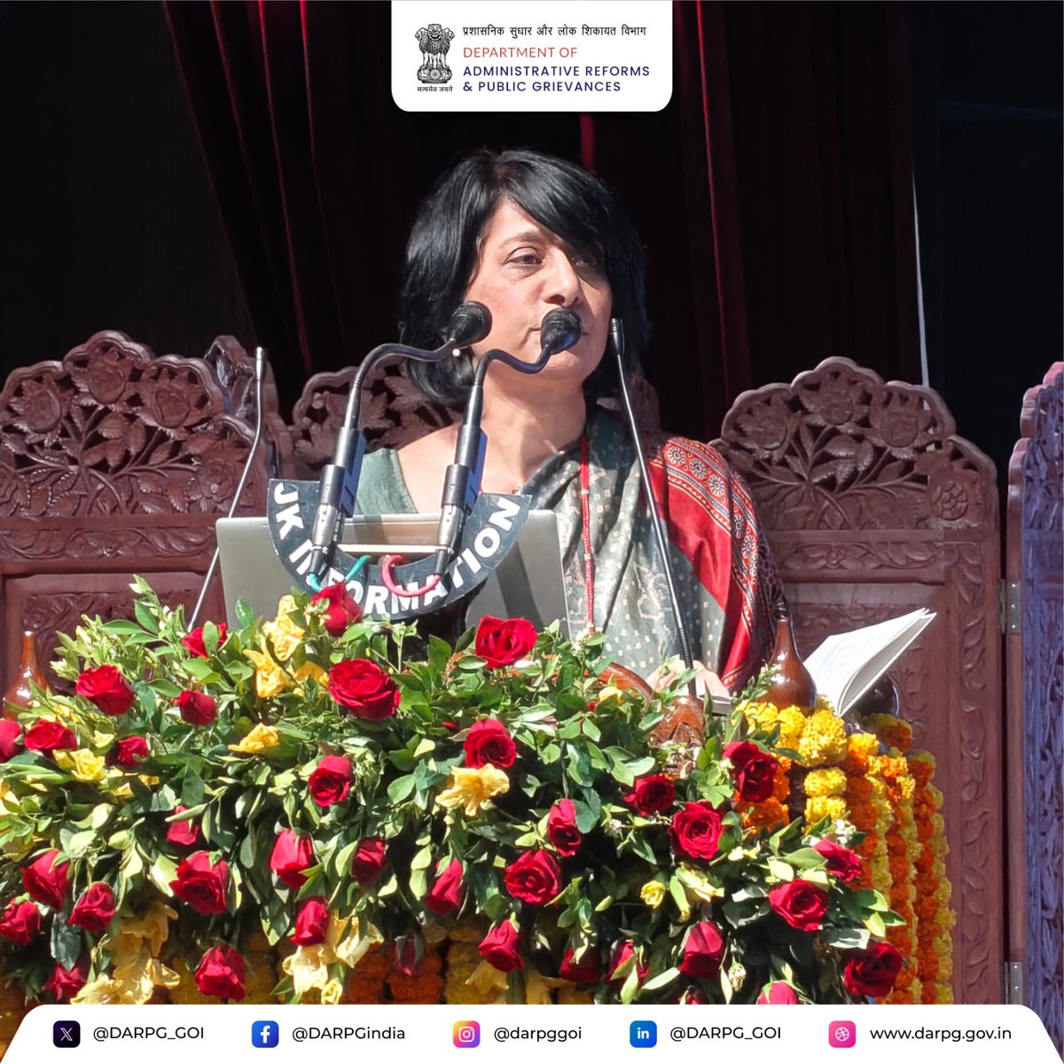 DARPG_GoI's tweet photo. Smt Rachna Shah, Secretary, #DARPG,  addressed the valedictory session at the National Governance Conference on Holistic Development of Districts- Transforming Governance for Viksit Bharat in Jammu, J&K.

She provided a conclusion of the event highlighting the best practices discussed during the National Governance Conference. She also called attention to key points of the events that aimed to introduce innovative solutions for citizens welfare.

#DARPG #GoodGovernance #HolisticDevelopment #NationalConference