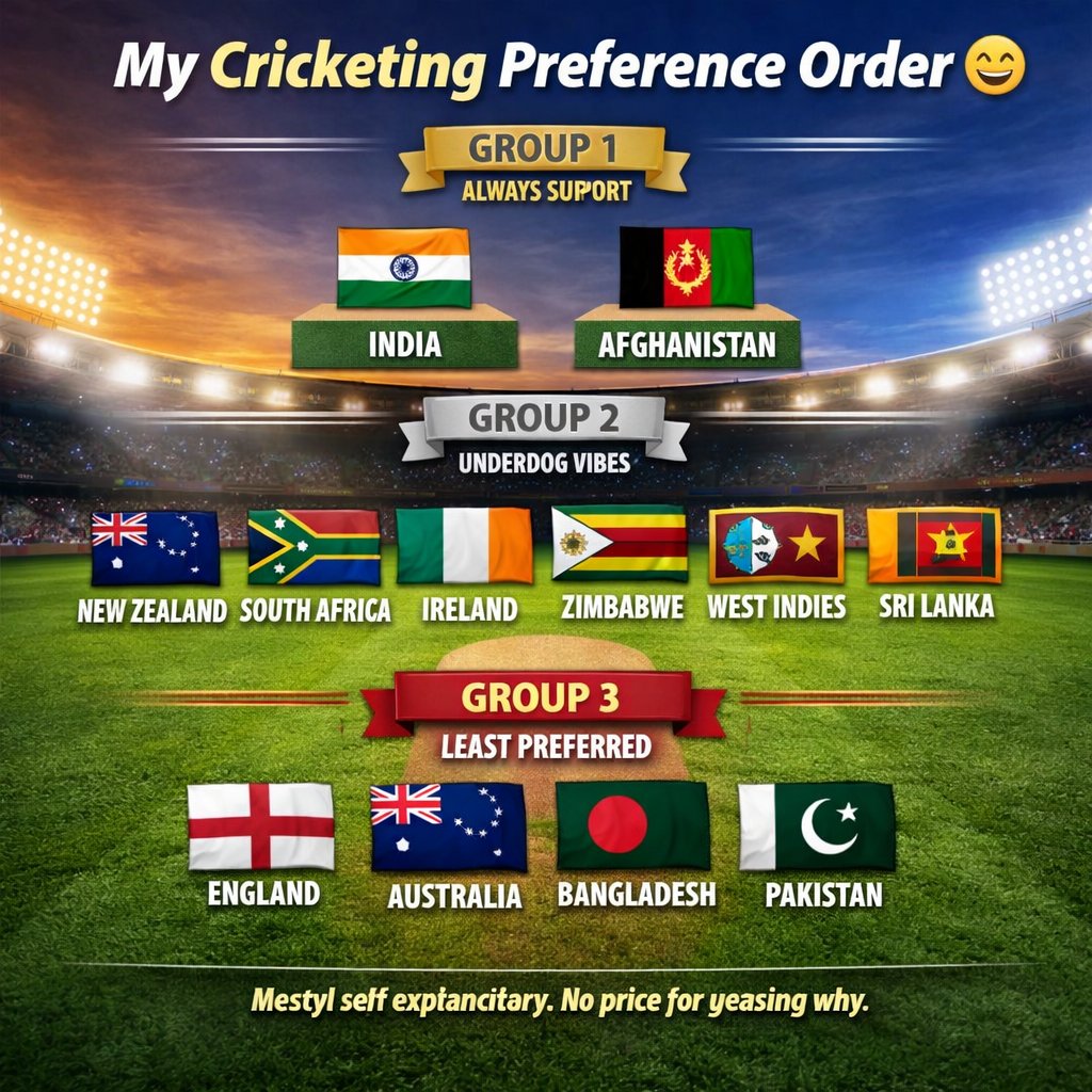 smart_paisa's tweet photo. My current preference order among the 12 Test nations (purely for fun 😄):
India > Afghanistan > New Zealand > South Africa > Ireland > Zimbabwe > West Indies > Sri Lanka > England > Australia > Bangladesh > Pakistan
To simplify, I’d bucket them like this:
Group 1 (Always support):
India, Afghanistan
(Unless Afghanistan winning directly hurts India 😄)
Group 2 (Context-driven / Underdog bias):
NZ, SA, Ireland, Zimbabwe, WI, SL
Here, the order can shuffle depending on the match situation and how it impacts India. I usually root for the underdog.
Group 3 (Least preferred):
England, Australia, Bangladesh, Pakistan
Mostly self-explanatory. No prize for guessing why.
What's your preference order?
@cricketaakash @ashwinravi99