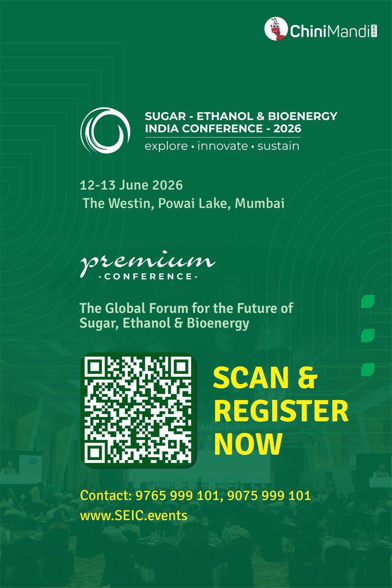 ChiniMandi's tweet image. 🚀 𝐑𝐞𝐠𝐢𝐬𝐭𝐞𝐫 𝐍𝐨𝐰 𝐟𝐨𝐫 𝐒𝐄𝐈𝐂 2026! 🚀

Join us at the Sugar, Ethanol &amp;amp; Bioenergy India’s Biggest Conference 2026, A premium global forum bringing together leaders shaping the future of #Sugar, #Ethanol &amp;amp; #Bioenergy.

Connect with biggest industry decision-makers,