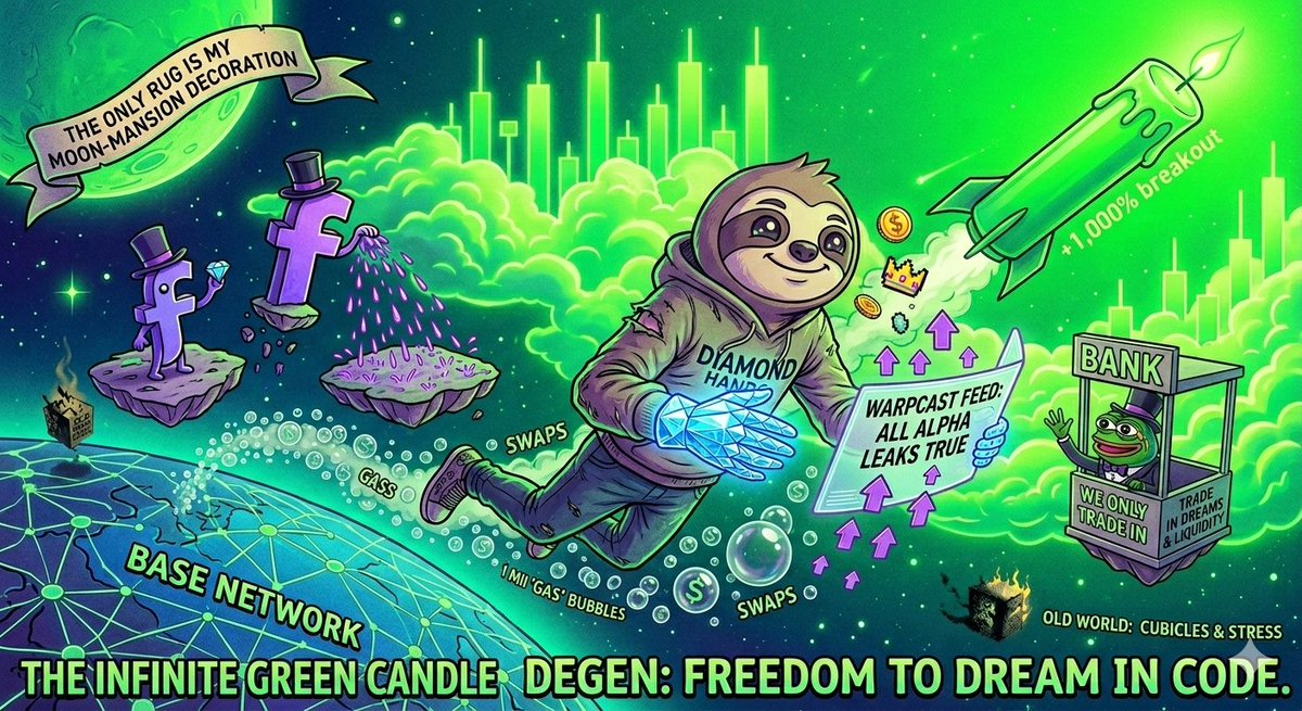 Sky’s neon green like a 1000% breakout. I’m on a $DEGEN island over Base with Diamond Hands. Farcaster purple rain falls as Pepe tells me: "No fiat, only liquidity." I’m the protocol now. The only rug here is in my moon-mansion. Dream in code.