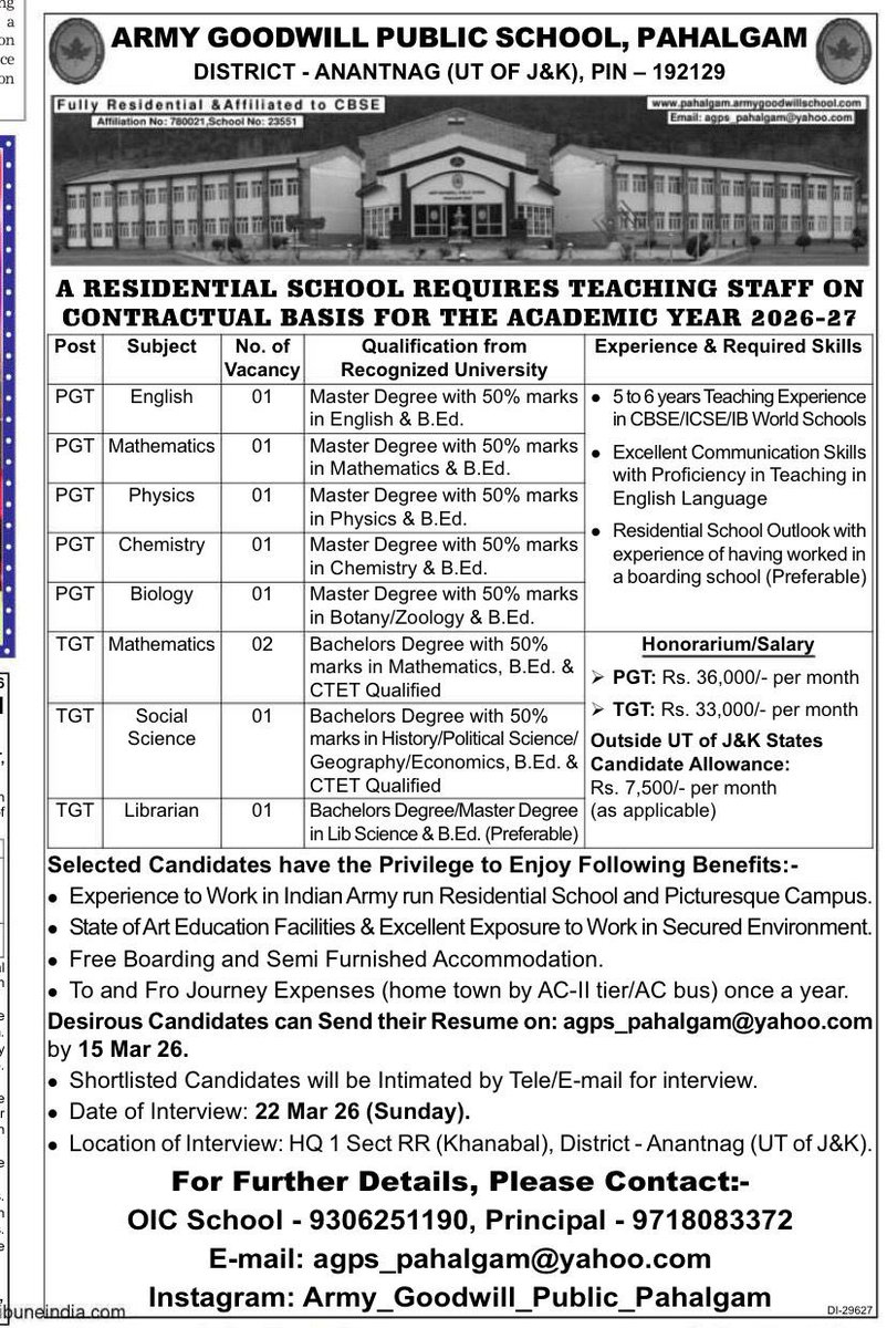 PahalgamAGPS's tweet photo. We are hiring new staff members on the contractual basis for the session 2026-27. @ChinarcorpsIA @NorthernComd_IA https://t.co/wsByQTmYmN