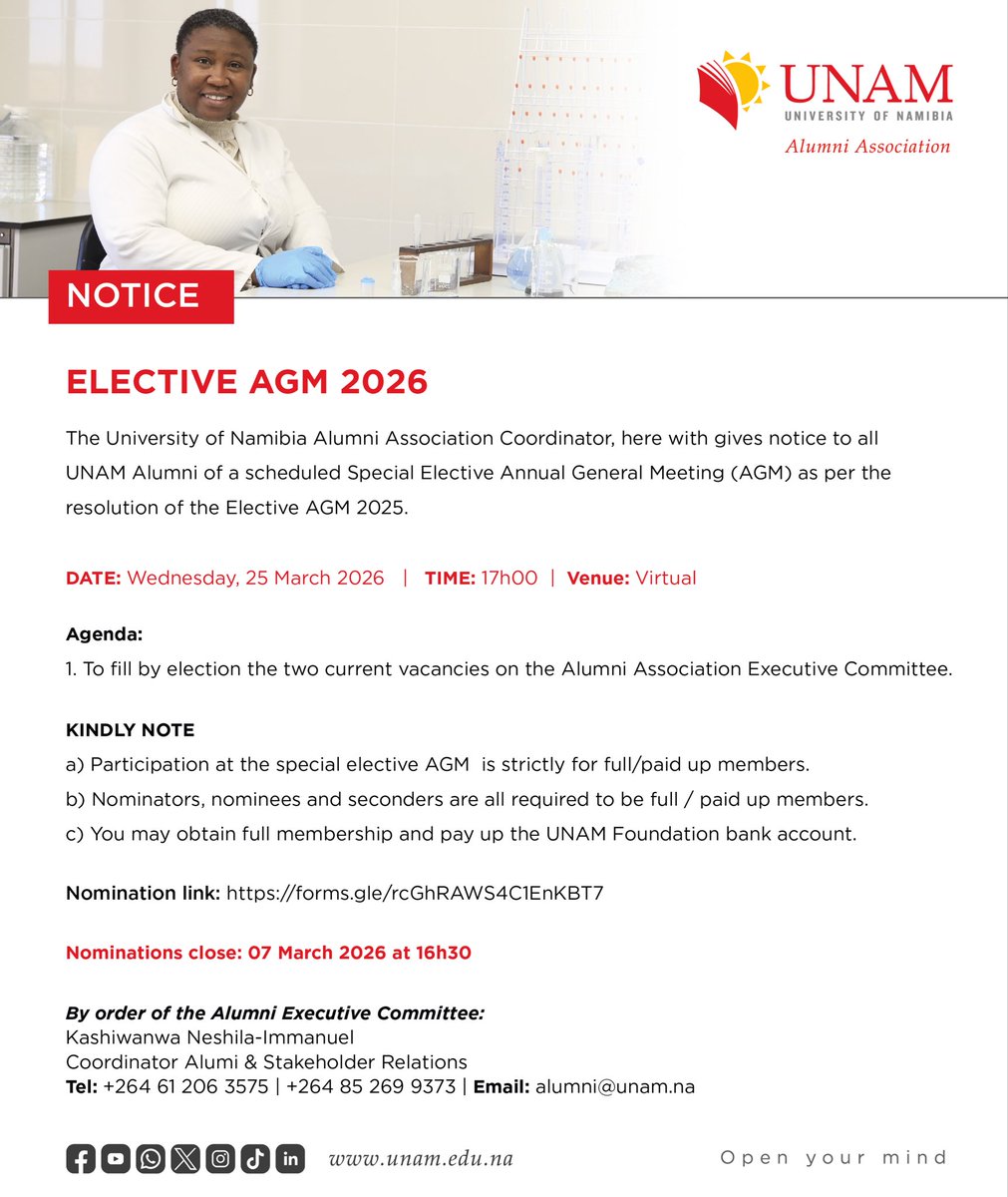 UnamAssociation's tweet photo. Dear UNAM Alumni!

Here is a chance to lead. A chance to serve.

Step forward and shape the future of the University of Namibia Alumni Association.

Submit your nomination today: https://t.co/nlExpEpiX0

#UNAMAlumni #ElectiveAGM2026 #LeadershipOpportunity https://t.co/ORQonGnHlb