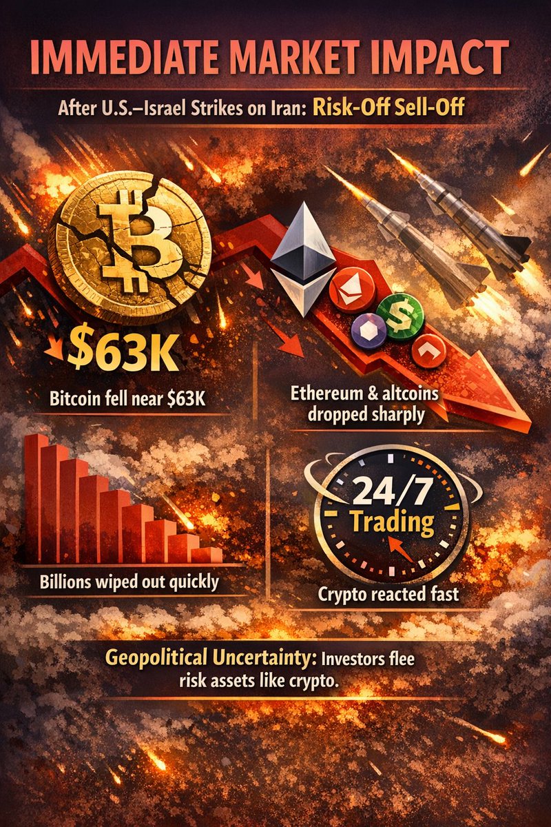 khanwithcrypto's tweet photo. 📉 IMMEDIATE MARKET IMPACT

🇺🇸After U.S.–Israel strikes on Iran, crypto markets saw a risk-off sell-off.

•Bitcoin fell near $63K
•Ethereum and altcoins dropped sharply
•Billions were wiped out quickly
•Crypto reacted fast due to 24/7 trading
#Iran #CryptoMarket #bitcoinprice https://t.co/gh9IeNtsUH