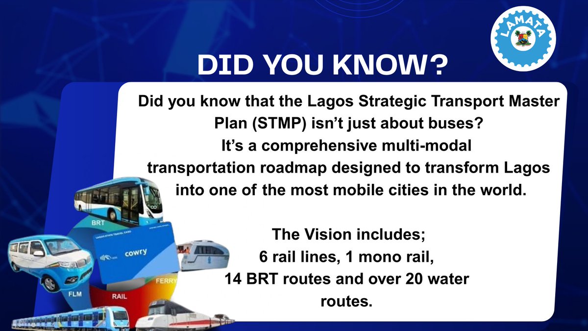 Did you know that the Lagos Strategic Transport Master Plan (STMP) is the ultimate roadmap for a mobile Lagos? It’s a multi-modal vision designed to transform our city into a global leader in connectivity. #LAMATA #KeepingLagosmoving #LASG