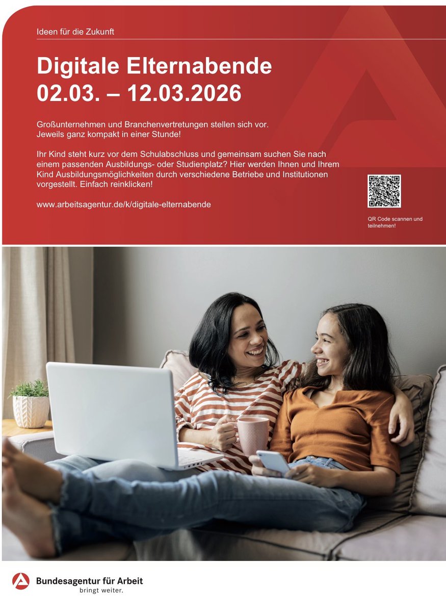 Kausa_Brdbg's tweet photo. Die Bundesagentur für Arbeit veranstaltet vom 2. bis 12. März 2026 zum fünften Mal die digitalen Elternabende. 

Lernen Sie jetzt die vielfältigen Ausbildungsmöglichkeiten kennen.

Infos und Programm>>https://t.co/Ecg3NGW4Yw https://t.co/5PLklsQCqD