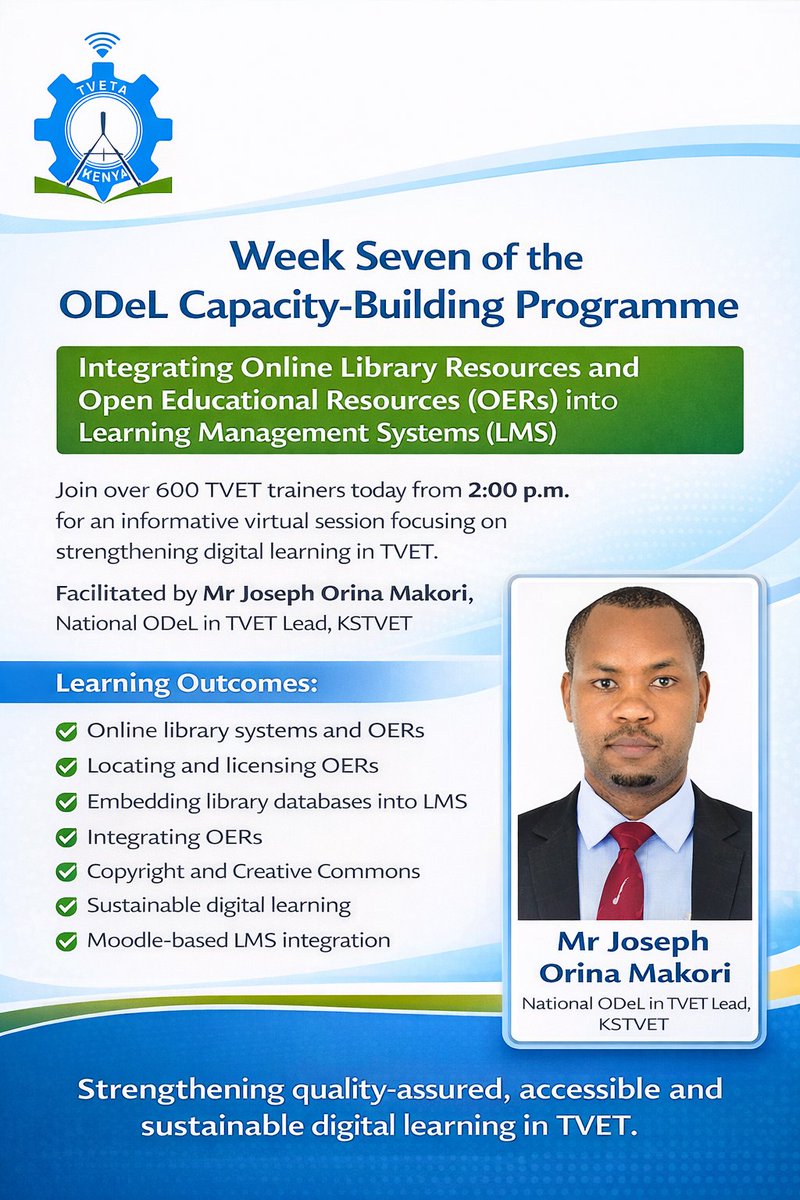 TVETAKenya's tweet photo. 1️⃣ Week Seven of the ODeL Capacity-Building Programme continues as TVETA, in partnership with the Commonwealth of Learning (COL), advances implementation of the ODeL Standard across TVET institutions. @kstvet https://t.co/t3qaK7lTlD