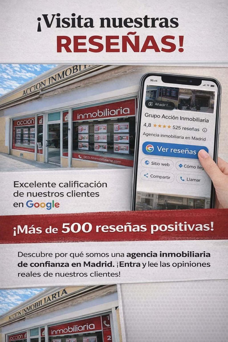 inmoaccion's tweet photo. Te invitamos a leer nuestras reseñas en Google y saber por qué somos la inmobiliaria mejor valorada de Puente de Vallecas #Vallecas #Realestate #inmobiliaria #pisosenventa https://t.co/GrVaDnxegw