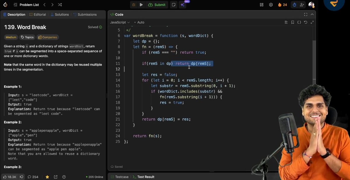 Zaryab_005's tweet photo. Day 147 of DSA
Solved: Word Break
Idea:
Try every possible prefix.
If prefix is in dictionary → recursively check remaining string.
Use memoization to avoid recomputing same substrings.
If any split works → return true.
#Day147 #DSA #Memoization #JavaScript #CodingJourney https://t.co/yYxL2KPaCG