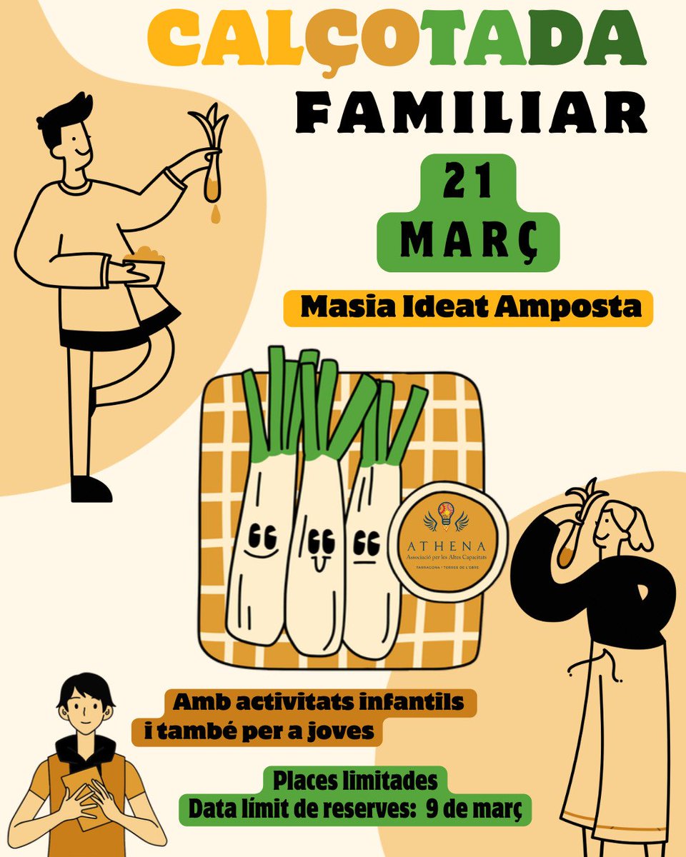 AaccAthena's tweet photo. Ja tenim a punt la propera Calçotada familiar d’Athena 🌿🔥

🗓️ Dissabte 21 de març
📍 Masia Ideat d’Amposta
⌚ A partir de les 11:00h

👉 Inscripcions al forms. Activitat només per socis.

Serà una jornada per gaudir de la bona companyia i passar-ho genial plegats! 💛 https://t.co/kwzuS7P1vE