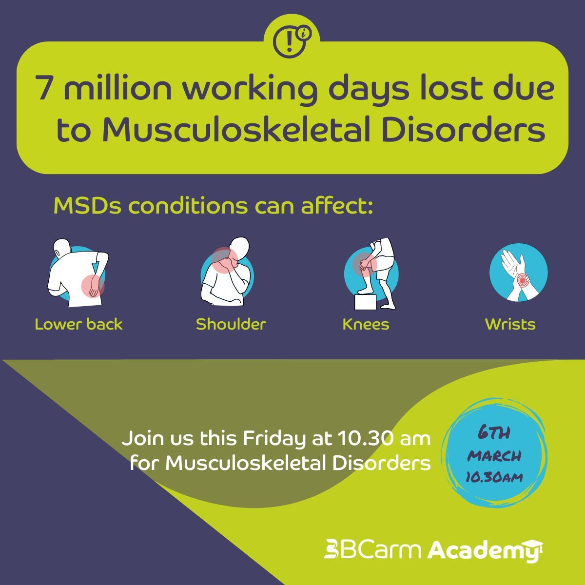 BcarmManageRisk's tweet photo. 7 million working days were lost to work-related musculoskeletal disorders (MSD) - according to the HSE Health and Safety Statistics 2024/25.

Join our upcoming 30-minute Academy session to learn more about how to manage the risk effectively: https://t.co/jxAbSRl15C 

#MSD https://t.co/5Ahh0PNPsY