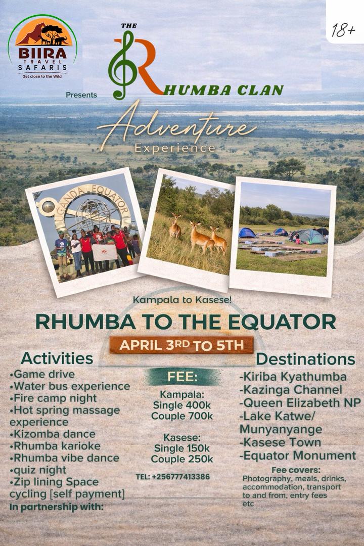 kyllnk's tweet photo. Get your dancing shoes ready! Biira Travel Safaris is taking the Rhumba Clan on an unforgettable journey from 3rd – 5th April to the equator
RhumbaClan #BiiraTravelSafaris #RhumbaInTheWild #BanaRhumba #NdomboloVibes #AprilGetaway #RhumbaMusic #equatorcampsite
#kasese https://t.co/whRIgykaPe