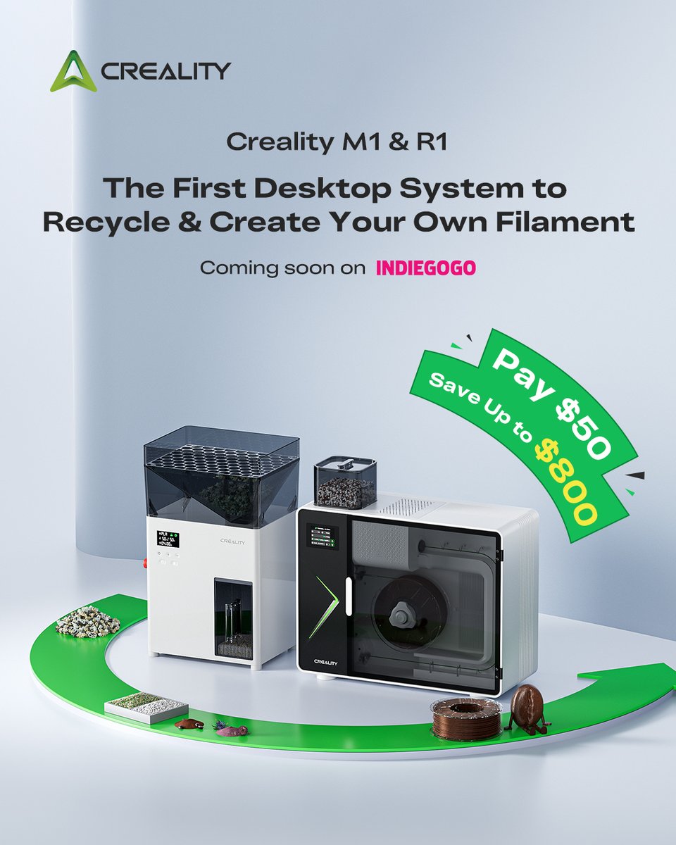 Creality3dP's tweet image. ♻️ The first desktop system to recycle &amp;amp; create your own filament.
Creality M1 &amp;amp; R1 — coming soon on Indiegogo!
Waste in. Filament out.
Create the color, material, and possibilities — defined by you.

🔗 Learn more via the link:
to.store.creality.com/filament-maker…

#Creality #CrealityM1