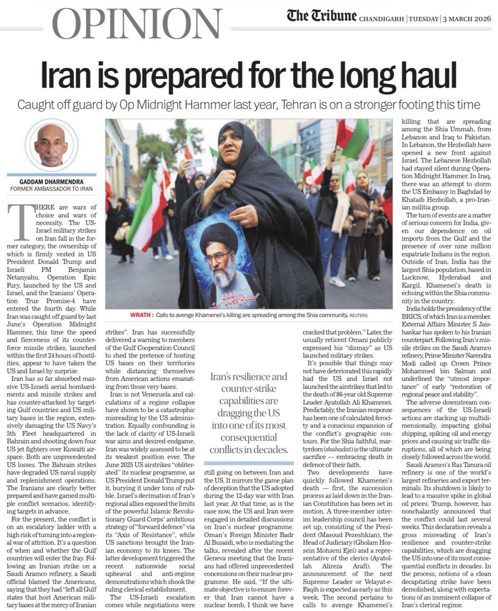Probably the only piece I've seen in Indian media on how the killing, and "martyrdom", of Khamenei will resonate far beyond Iran's borders. By India's former envoy to Iran, Gaddam Dharmendra. Read.