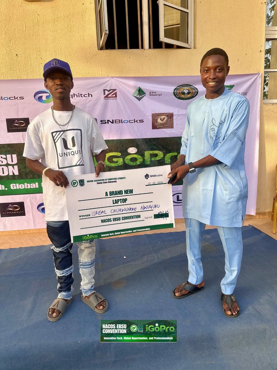 nacosebsu's tweet photo. NACOS EBSU 2026: iGoPro Day 2 was a success! ✅
Congratulations to our grand prize winners:
• Scholarship Support Funds (₦50k to 2 Students each)
• A Brand New HP Laptop
• Class of the Year Award (20k, packet of marker, packet of pen)
#iGoPro #NACOS #TechExcellence https://t.co/DF8Y0ufOhX