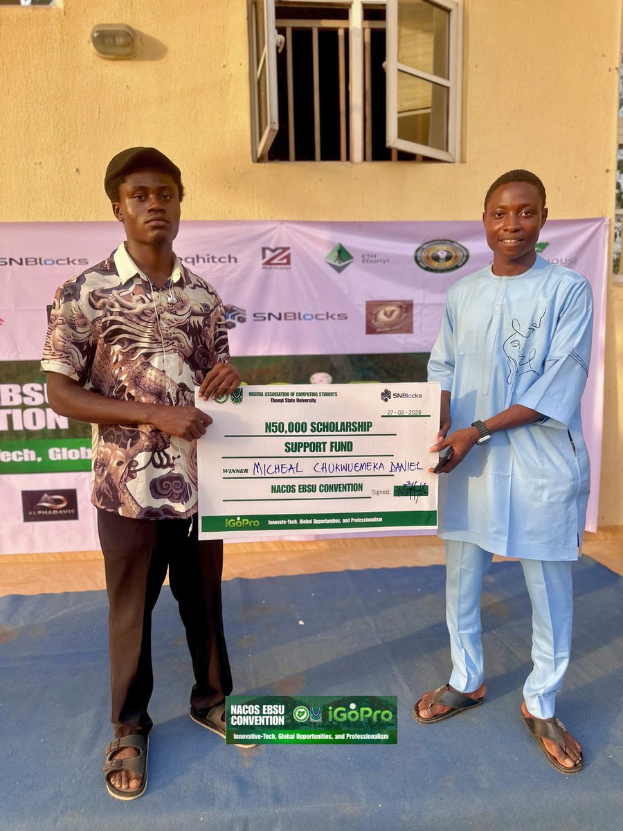 nacosebsu's tweet photo. NACOS EBSU 2026: iGoPro Day 2 was a success! ✅
Congratulations to our grand prize winners:
• Scholarship Support Funds (₦50k to 2 Students each)
• A Brand New HP Laptop
• Class of the Year Award (20k, packet of marker, packet of pen)
#iGoPro #NACOS #TechExcellence https://t.co/DF8Y0ufOhX
