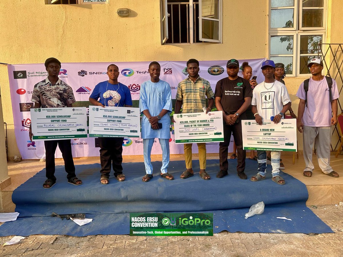 nacosebsu's tweet photo. NACOS EBSU 2026: iGoPro Day 2 was a success! ✅
Congratulations to our grand prize winners:
• Scholarship Support Funds (₦50k to 2 Students each)
• A Brand New HP Laptop
• Class of the Year Award (20k, packet of marker, packet of pen)
#iGoPro #NACOS #TechExcellence https://t.co/DF8Y0ufOhX