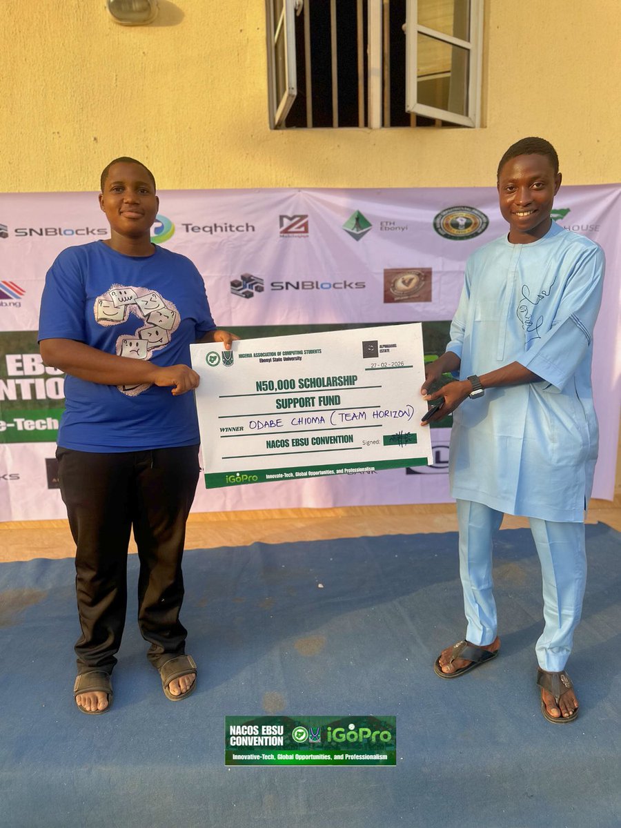 nacosebsu's tweet photo. NACOS EBSU 2026: iGoPro Day 2 was a success! ✅
Congratulations to our grand prize winners:
• Scholarship Support Funds (₦50k to 2 Students each)
• A Brand New HP Laptop
• Class of the Year Award (20k, packet of marker, packet of pen)
#iGoPro #NACOS #TechExcellence https://t.co/DF8Y0ufOhX