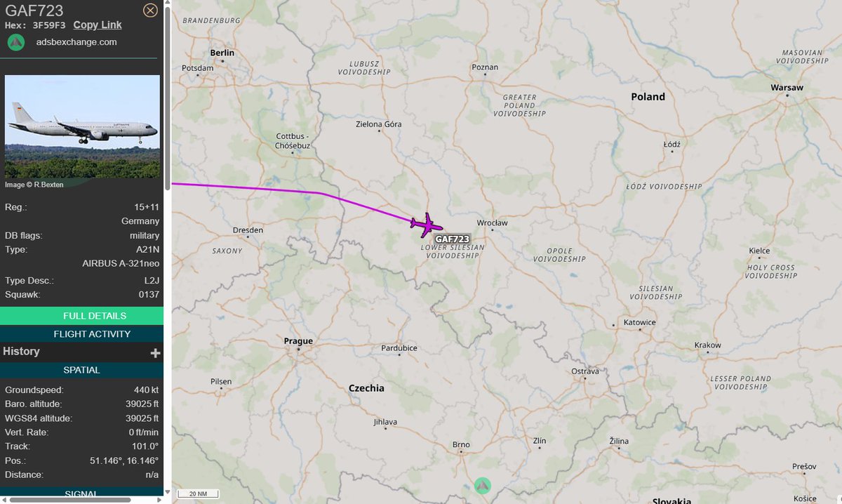 PolishMilRadar's tweet photo. 📅 03.03 🕒 10:18LT - 🇩🇪✈️ A321 do Rzeszowa 🇵🇱
🇩🇪 Siły Powietrzne Niemiec
✈️ Airbus A321-251NX "15+11"
🛫 Kolonia Bonn #EDDK 🇩🇪
🛬 Rzeszów-Jasionka #EPRZ 🇵🇱
#GAF723 leci na FL390
🔗 https://t.co/CQGr7TWUwk
#POLMILRADAR https://t.co/yeww0RUhSk