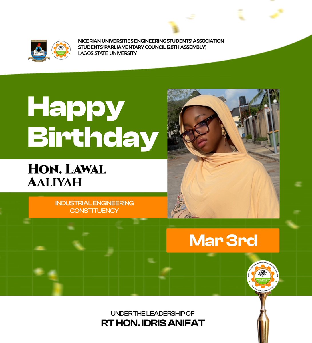 Nuesalasuspc's tweet photo. Happy Birthday to Hon. Lawal Aaliyah, of the Industrial Engineering Constituency!
Wishing you a year filled with greater accomplishments in leadership and service.
#NUESA #28thAssembly
E-signed:
Hon. Khidir A. D.(Chairman)
Hon. Gandonu Samuel (Secretary)
Hon. Idowu I. A. (PRO) https://t.co/ehsb6cGuW2