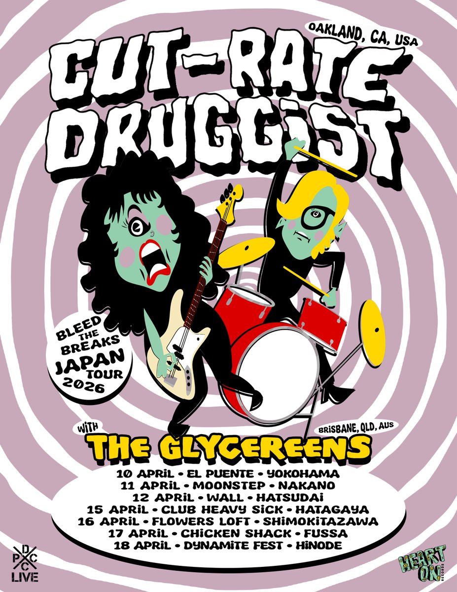 来月カリフォルニア・オークランドのCut-Rate Druggistとオーストラリア・ブリスベンのThe Glycereens来日ツアーが始まります！以下、各地ライブのフライヤー、バンドの音源や動画などです。是非チェックしてね！

CUT-RATE DRUGGIST
linktr.ee/cutratedruggist

The Glycereens
linktr.ee/theglycereens