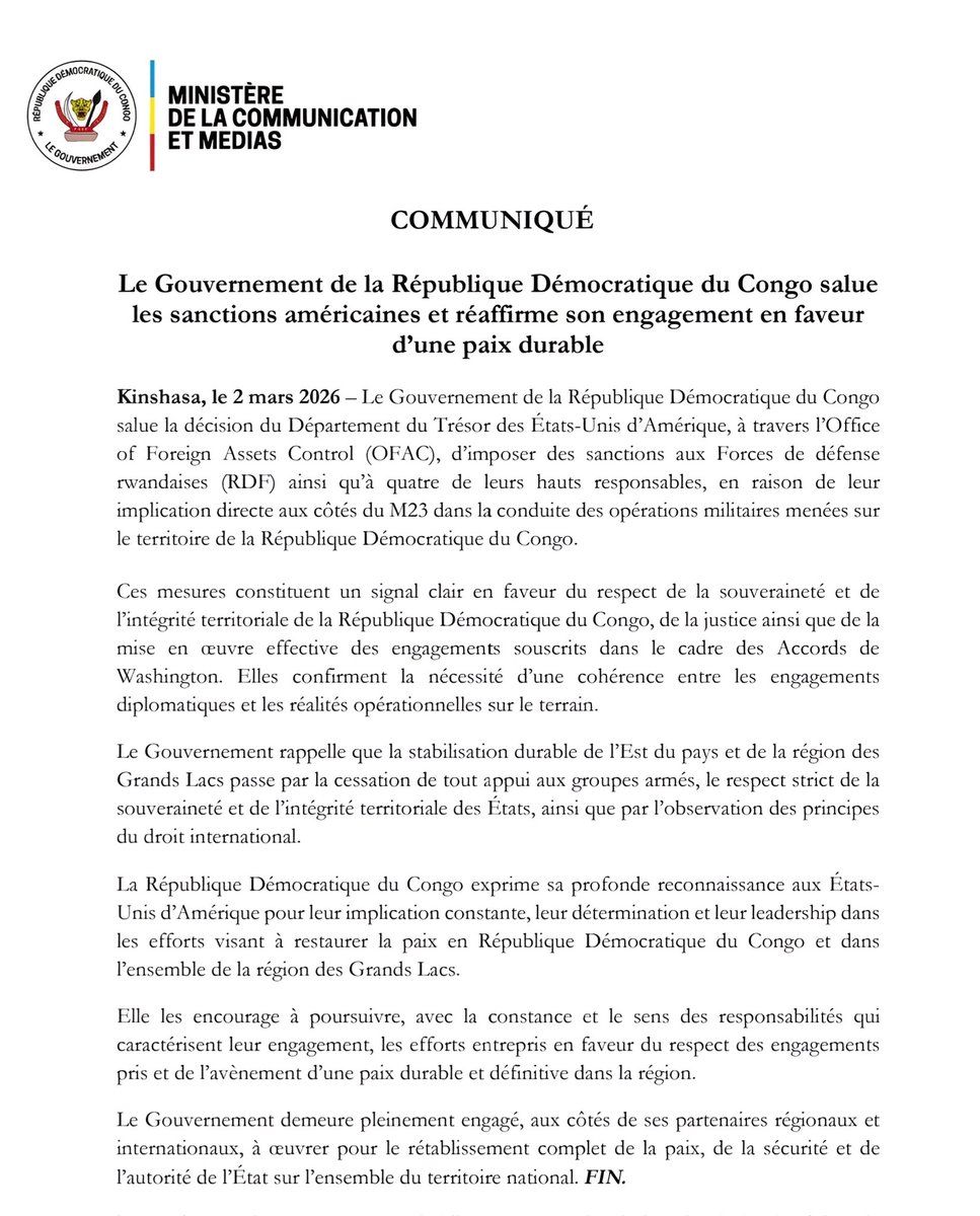 La RDC salue les sanctions américaines imposées contre le Rwanda, principalement sur son armée qui apporte soutien au M23. <a href="/PatrickMuyaya/">Patrick Muyaya</a> <a href="/fatshi13/">Félix A. Tshisekedi</a> <a href="/SuminwaJudith/">Judith SUMINWA TULUKA</a> <a href="/LukondeSama/">Sama Lukonde</a>