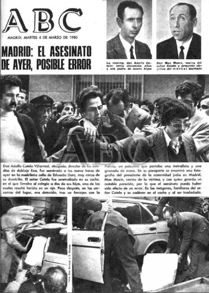 vctorst2's tweet photo. Un día como hoy de 1980 disidentes de #AlFatah asesinaron en #Madrid al abogado ADOLFO COTELO VILLARREAL.

Le ametrallaron cuando llevaba a sus hijas en coche al colegio.

Le confundieron con su vecino Max Mazin presidente de la comunidad judía en #Madrid @cjm_es 🇮🇱.

#MEMORIA https://t.co/FdtktLkRLw