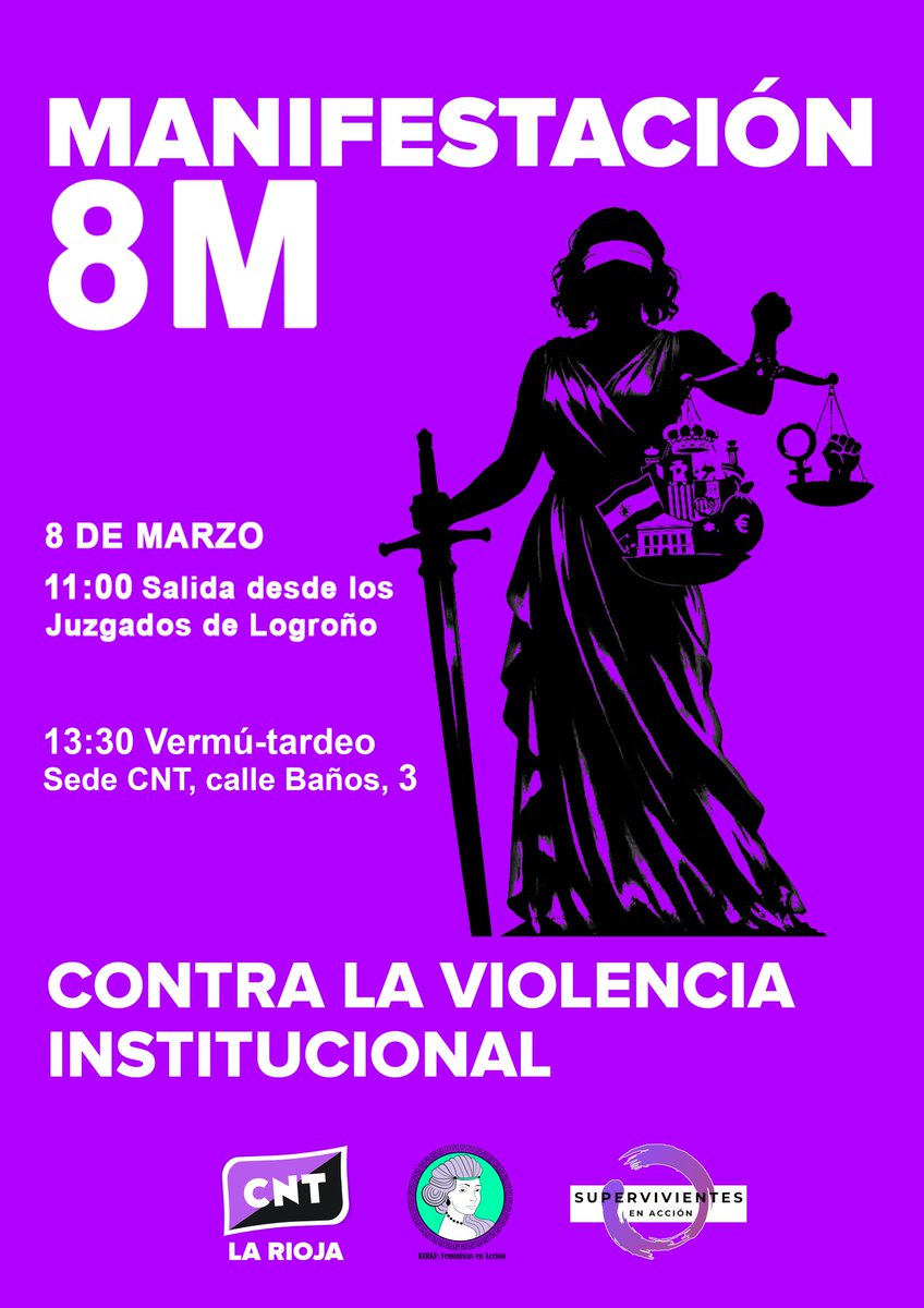 CNTLogrono's tweet photo. ♀ 8M LOGROÑO 2026 ♀
Contra la violencia institucional

📣 11:00 - Manifestación
Salida Juzgados de Logroño
 
🍷🎵 13:30 - Vermú-tardeo
Sede CNT, calle Baños, 3 https://t.co/KTrKajh4wF