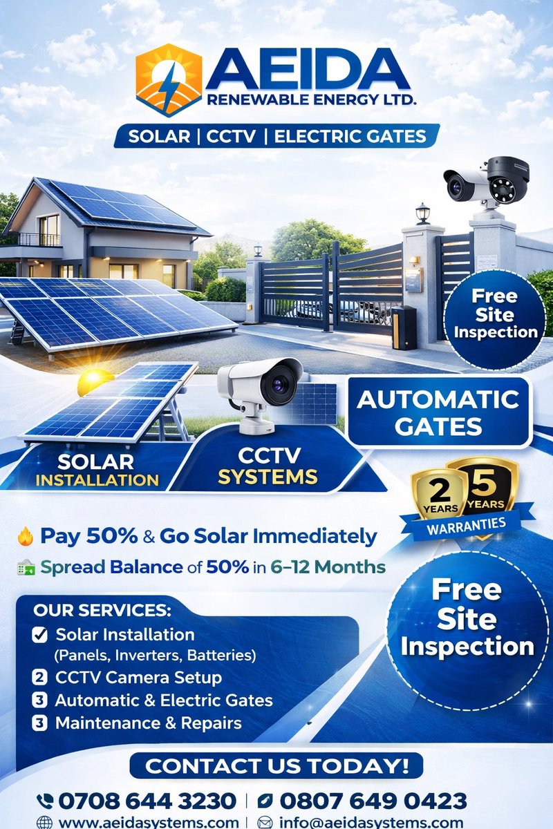 aeidafoundation's tweet image. Power up your home the smart way ⚡🔵

Solar. CCTV. Automatic Gates.
Pay 50% now &amp;amp; spread the balance in 6–12 months.

Free site inspection | 2–5 years warranty
📍 Lagos and environs
📞 07086443230 | 08076490423

#GoSolar #LagosBusiness #SmartSecurity #AeidaRenewable
