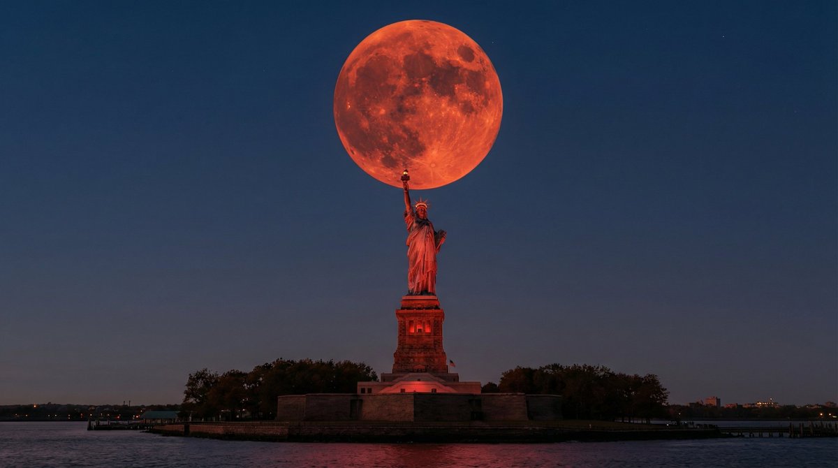 NightSkyToday's tweet image. BREAKING🚨: Blood Moon Rises Over the Statue of Liberty, Lighting Up the Skies of New York City 🌕🔥
