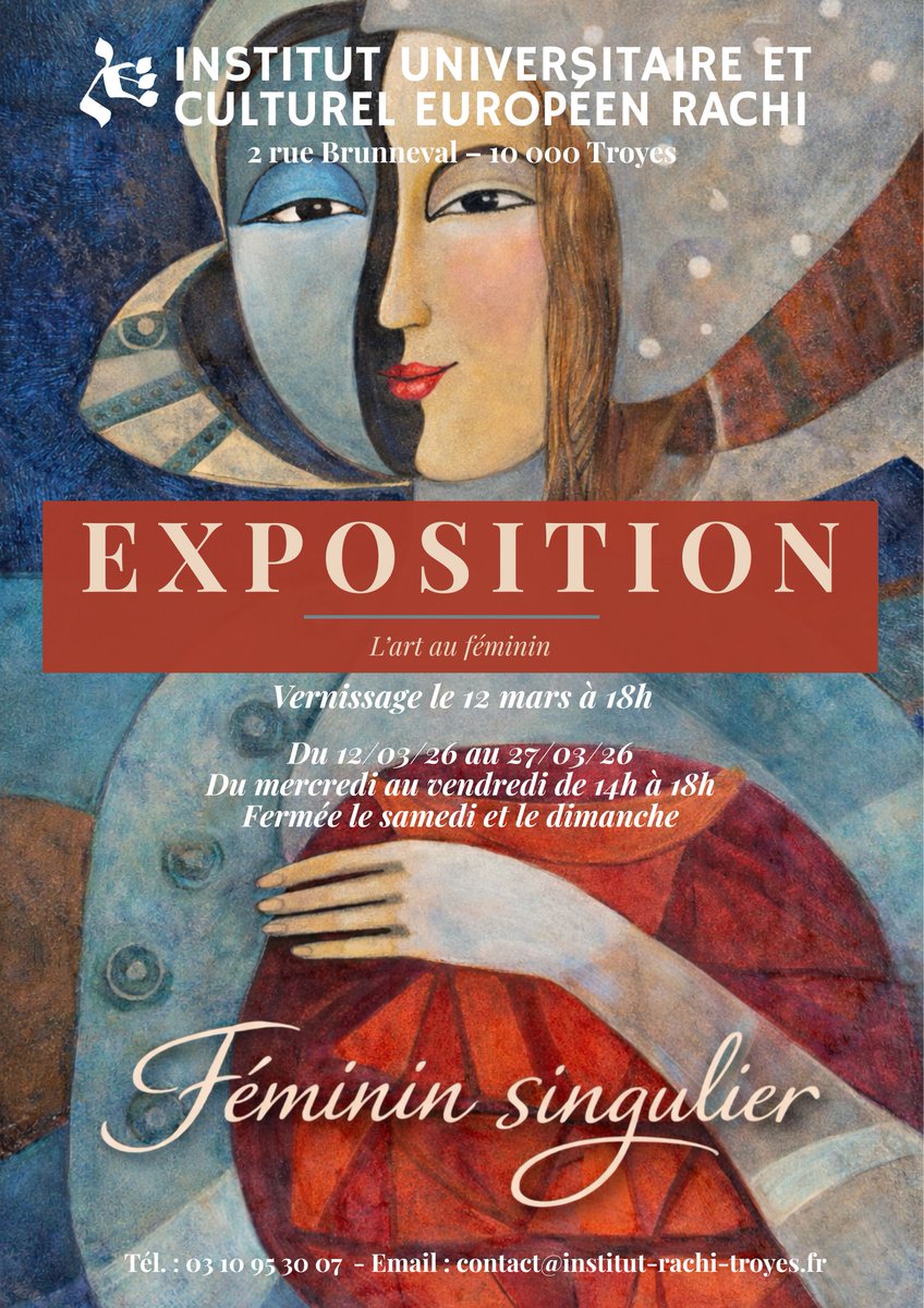 InstitutRachi's tweet photo. L’exposition Féminin singulier propose de vous plonger dans un monde de créativité artistique du 12 mars au 27 mars du mercredi au vendredi de 14h à 18h.

Elle ouvrira ses portes le 12 mars 2026 à 18h lors du vernissage à l'Institut Universitaire Rachi. https://t.co/74nrBYDkvk