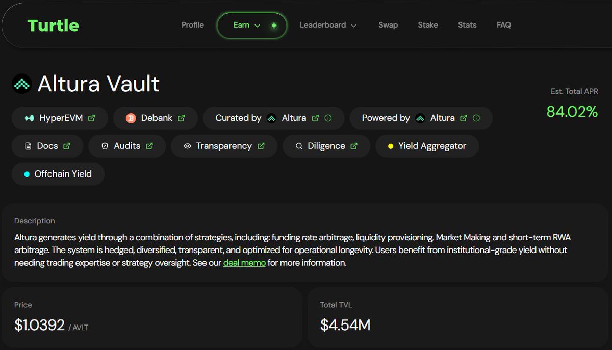 Fosky68's tweet photo. El equipo de @alturax no ha dicho nada al respecto, pero como podéis ver, he podido claimear anoche el YieldRun al valor de unos 68$USD aprox.
En total lleva como unos 84$USD por parte de la campaña de #Merkl, si eso le sumamos al rendimiento que genera por depositarlo del 20% APY, se puede decir que de momento marcha bien. En Merkl ya hemos acabado, por lo que dejará de generar rendimiento allá.
Por otro lado, seguimos también acumulando a través de #TURTLE consiguiendo un 3x1 😉