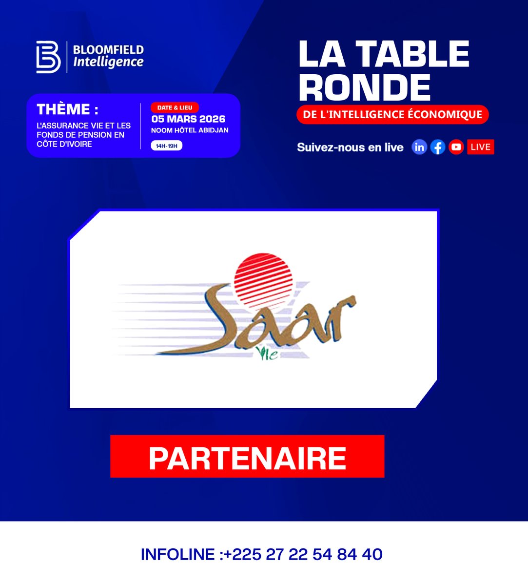 SAAR ASSURANCES CI co-organisateur de La Table Ronde de l'Intelligence Économique. Thème : L'Assurance Vie et les fonds de pension en 🇨🇮. Mobiliser l'épargne longue pour financer notre économie. 05/03/2026 Noom Hôtel  forms.gle/DvD5qCugvBj4KG…
