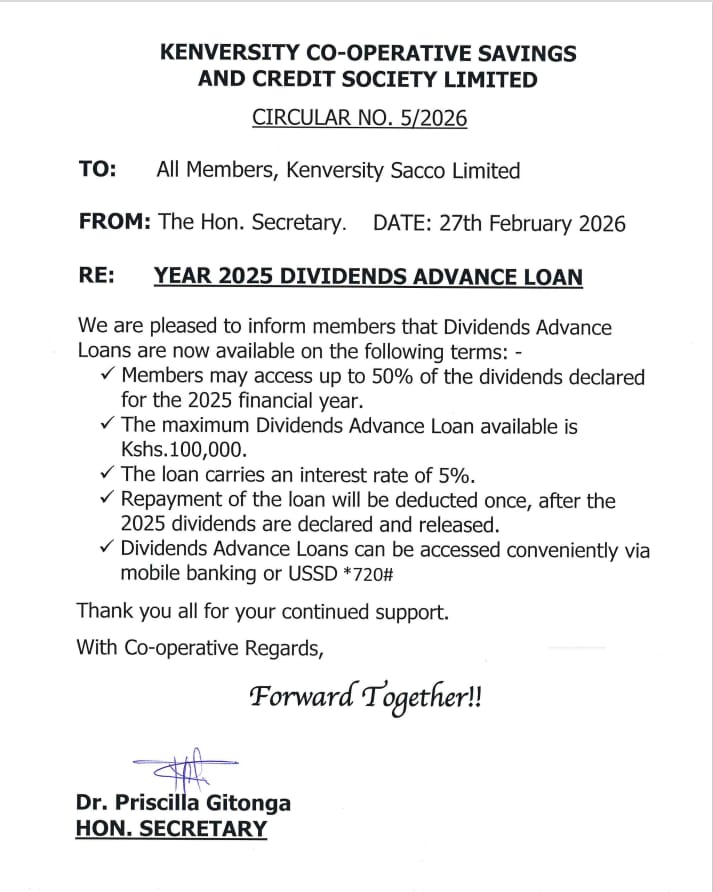 kenversity's tweet photo. Official Communication on year 2025 Dividends Advance Loan. #kenversitysacco #financialfreedom #dividendadvance2025 https://t.co/aC4TPCl0ub