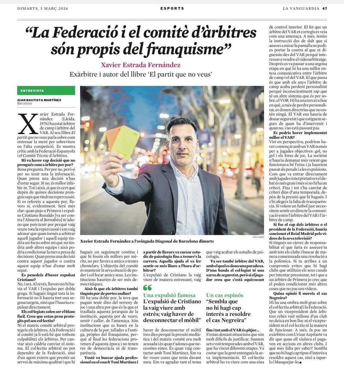 Avui a  <a href="/LaVanguardia/">La Vanguardia</a> he dit el que he viscut i el que penso.

Quan parlo de dinàmiques pròpies del franquisme és perquè les he viscut: entre elles el control, els silencis, la jerarquia i la poca transparència.

També explico què passa amb el VAR, què no s’ha volgut fer bé i per