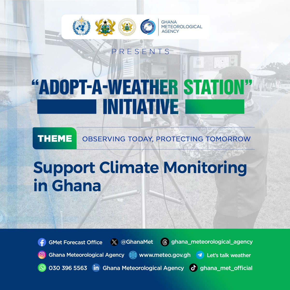 GhanaMet's tweet photo. What if you could directly support the collection of weather data that saves lives?

The Adopt A Weather Station Initiative invites institutions, corporate bodies, and partners to support the installation, rehabilitation, and maintenance of weather stations across Ghana.

More stations = Better data.
Better data = Stronger early warnings.
Be part of strengthening Ghana’s climate infrastructure.

#AdoptAWeatherStation #MAM2026 #ClimateServices #GMet