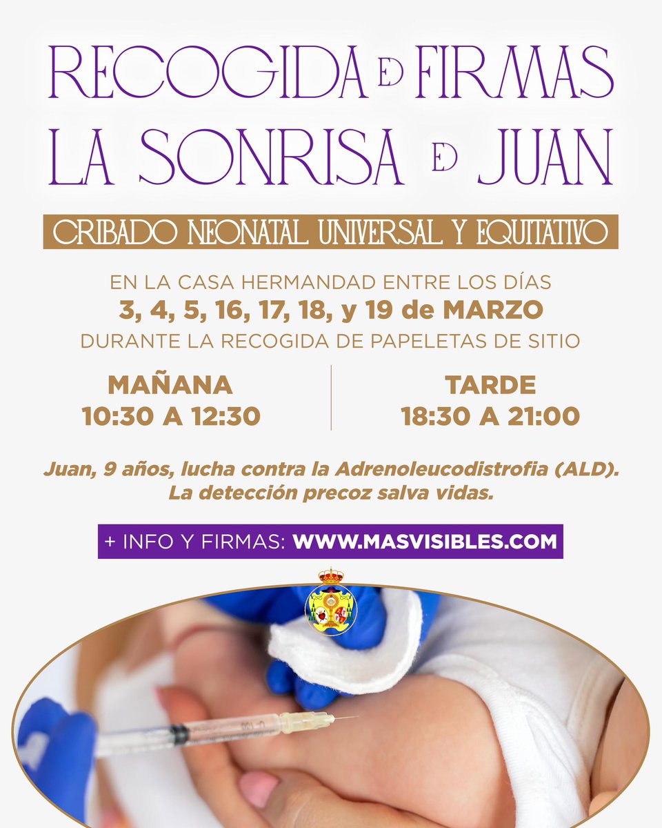📢 *La Sonrisa de Juan. Recogida de firmas en la Casa Hermandad de Los Gitanos* 💛💚

Los próximos días *3, 4, 5, 9, 16, 17, 18 y 19 de marzo*, durante la recogida de las papeletas de sitio, en la Casa Hermandad de Los Gitanos, habrá recogida de firmas por el cribado neonatal