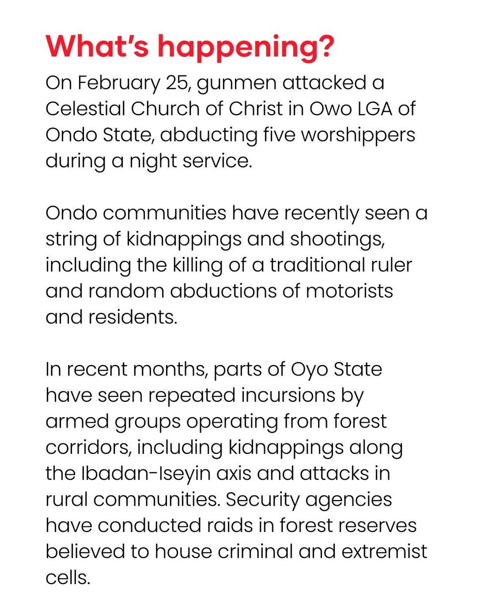 On Feb 25, gunmen attacked a church in Owo, abducting worshippers during a night service. Ondo has seen a surge in kidnappings, shootings, and assassinations. Highways, forests, and rural towns are no longer safe. What was once “contained” violence is spreading.