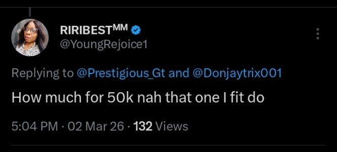 Prestigious_Gt's tweet photo. Hi @YoungRejoice1

If this post gets:

4,000 likes  
1,500 retweets  
750 comments  

#50k will be sent to your account.

You have 24 hours. Good luck 🤞 https://t.co/HjmwLa19Lp