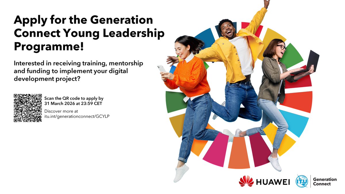 ITU's tweet photo. The #GenerationConnect Young Leadership Programme is back!
Apply now for 2026-2027 training, mentorship, and funding to implement digital development projects in your community https://t.co/oKMc0HsjIm https://t.co/KJicAF72Dr