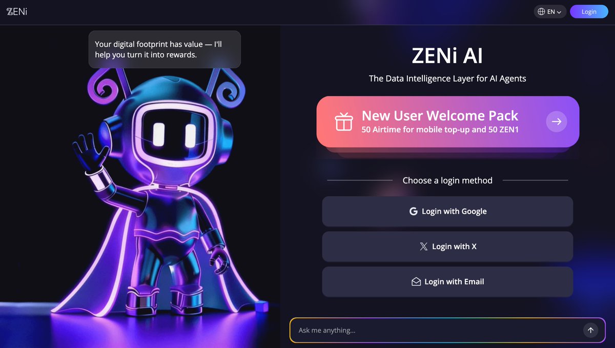 Your effort. Your rewards. 🎯

AI-powered participation.
Transparent incentives.

Earn $ZEN1. Redeem $Airtime.

New users receive 50 $ZEN1 + 50 Airtime upon joining.

Access the agent :
agent.1zeni.com

#ZENi #AI #Web3 #OnChain