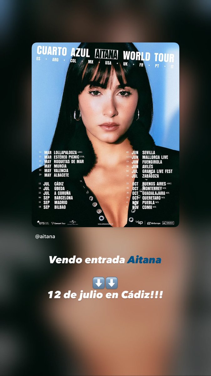 Vendo entrada CUARTO AZUL WORLD TOUR AITANA
⬇️
12 de julio en Cádiz!!!
#Aitana #CuartoAzul #concierto #Cádiz