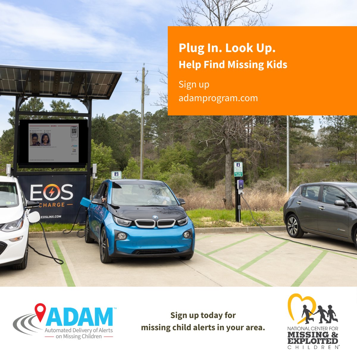 LexisNexisRisk's tweet photo. Thanks to our technology partner @EOSLinx for circulating ADAM missing child posters on EV charging displays around the country. Together, we power hope. Visit the interactive dashboard, sign up for alerts in your area and help bring missing children home: https://t.co/H4zdtVMCaY     

#ADAMProgram @NCMEC