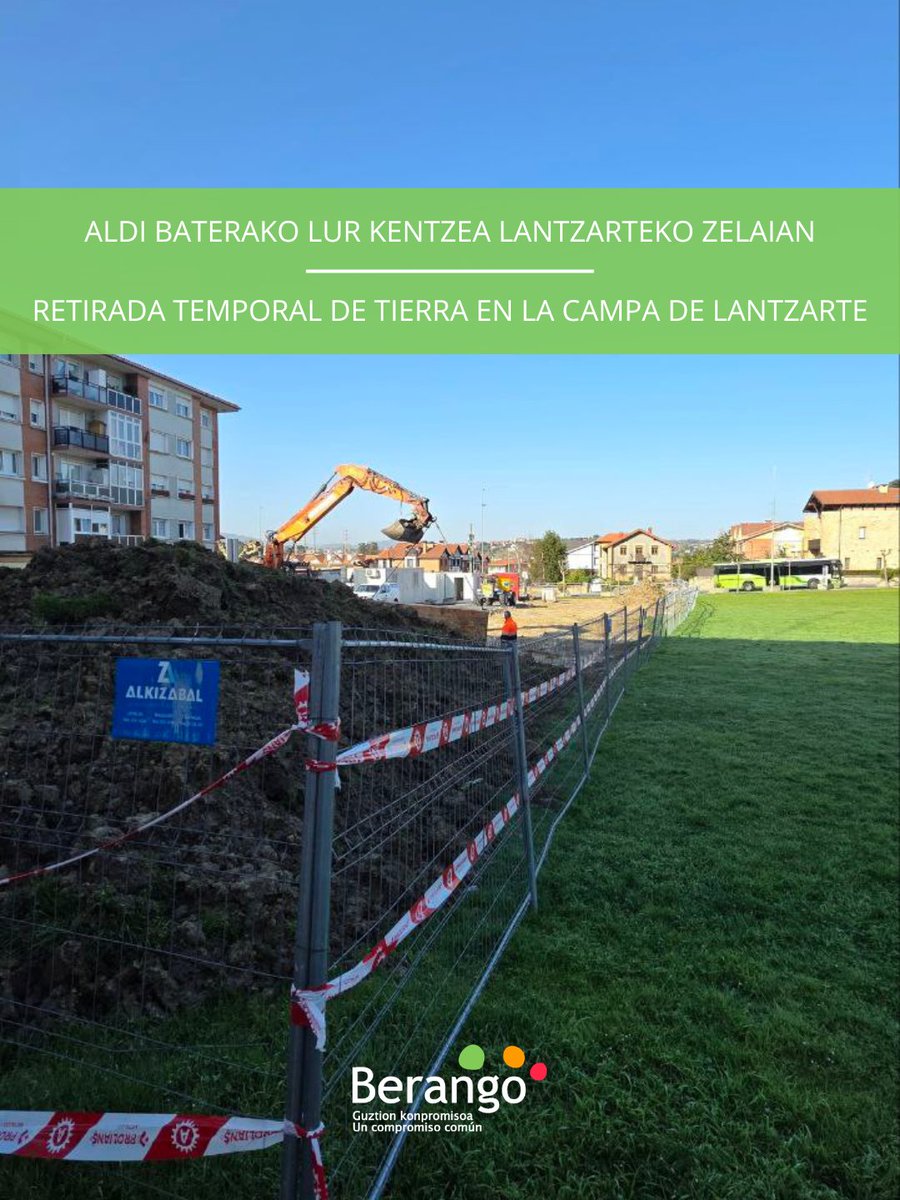 👷✅ Lantzarte auzoa birmoldatzeko lanetan pilaketak jartzeko, lantaldea lurra kentzen ari da zelaiaren zati batetik. Lanak bukatu eta gero, gune hori lehen zegoen bezala geratuko da.

#berango #guztionkonpromisoa