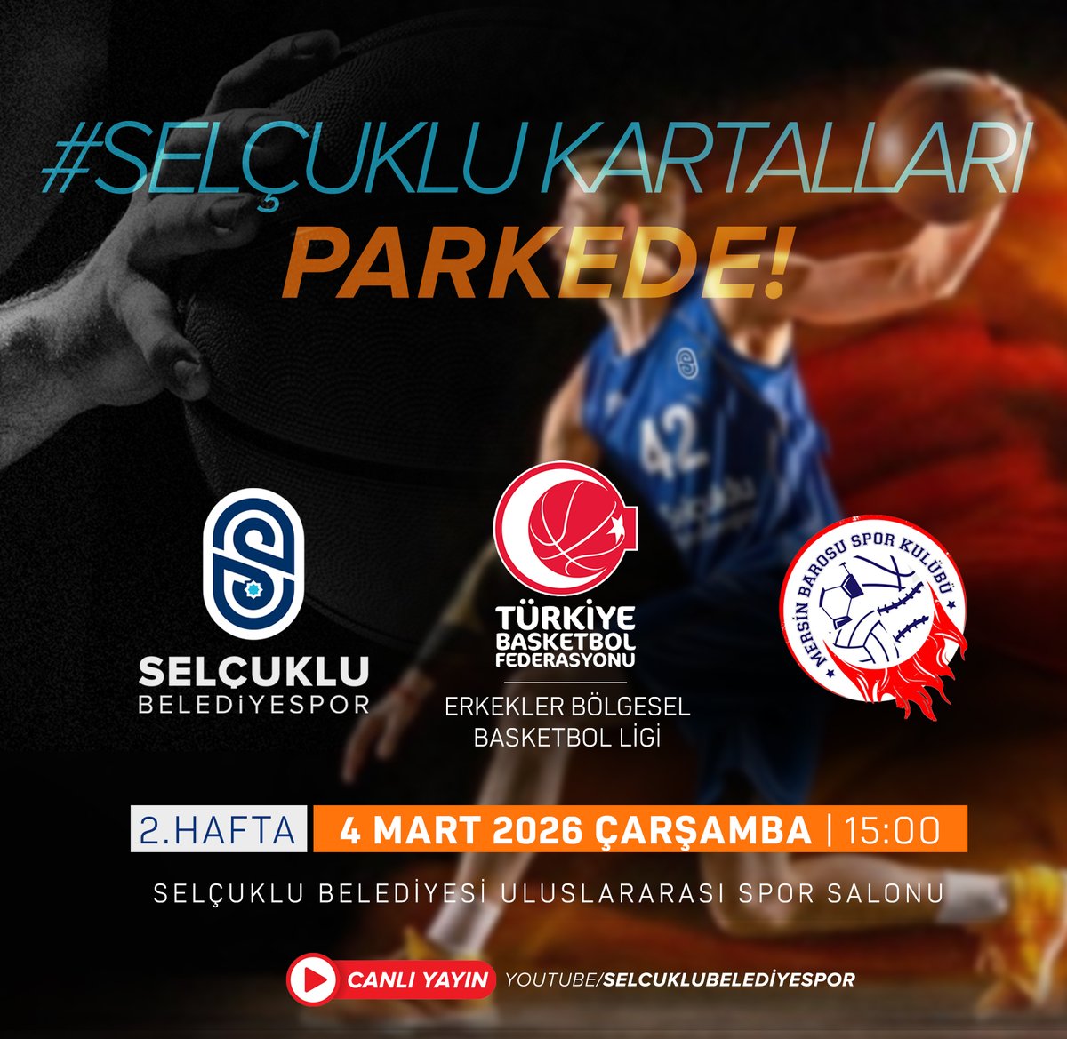 Basketbol Takımımız EBBL’de
Sezonun İlk İç Saha Maçına Çıkıyor! 🏀

Erkekler Bölgesel Basketbol Ligi’nde (EBBL) şehrimizi temsil eden Selçuklu Belediyespor Kulübü Basketbol Takımımız, sezonun ilk iç saha karşılaşmasında Mersin Barosu’nu konuk ediyor.
Selçuklu Belediyesi